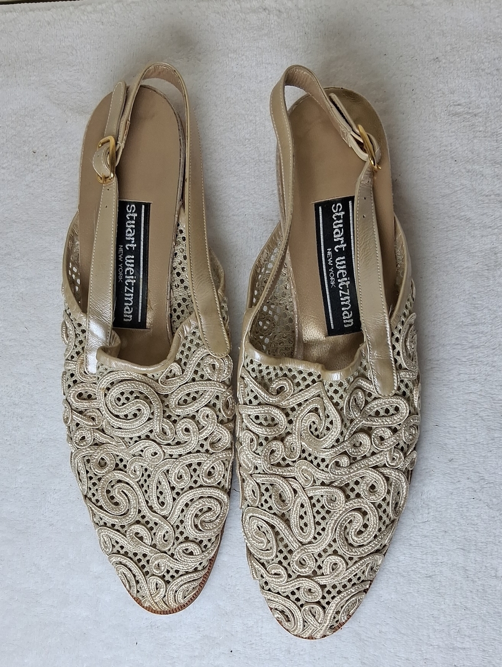 Stuart Weitzman Gold-Tone Embroidered Slingback Flats